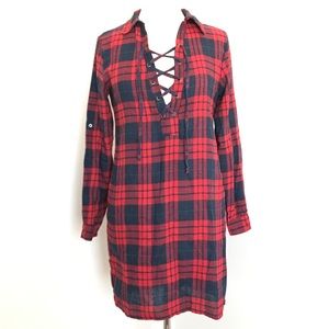 Red / navy blue plaid flannel, lace-up sleep shirt